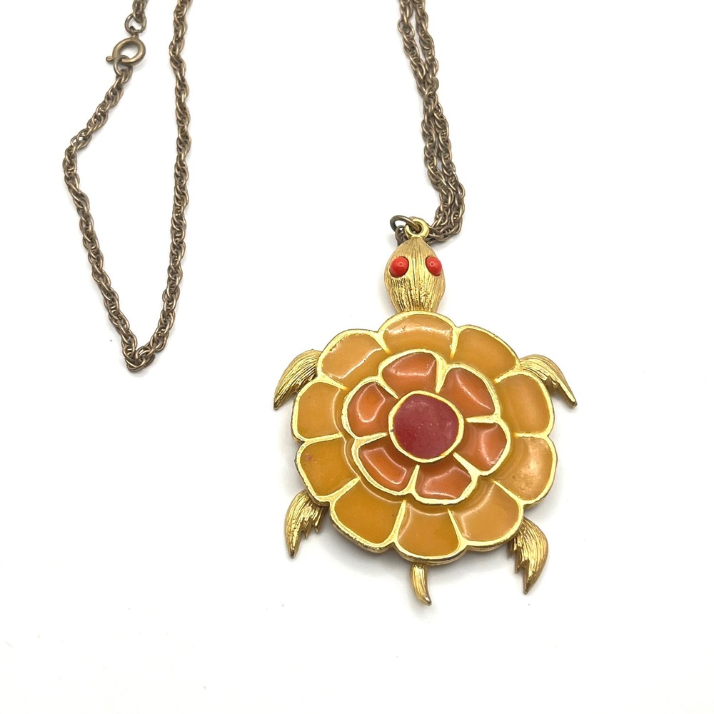Vintage Enamel‎ Turtle Pendant Necklace Gold Tone Orange Yellow Red